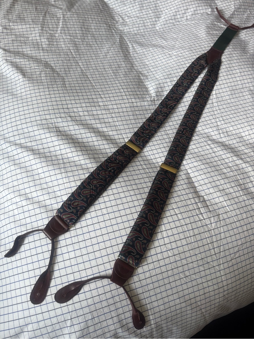 Polo Ralph Lauren Vintage Silk Navy Paisley Suspenders, leather trim and tabs.